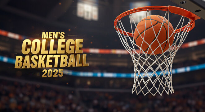 Men's College Basketball tournament 2025 poster with a basketball inside the hoop, as if scoring a goal