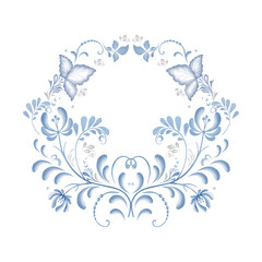 Blue flowers and leaves, a flower wreath with twigs. An ornament in the Russian style isolated on a white background. Watercolor digital illustration. People’s traditional Slavic Flower Motive.
