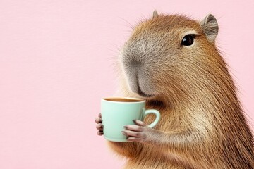 A capybara holds a cup of coffee in its hands