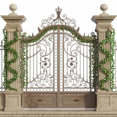 Ornate Wrought Iron Gate with Stone Pillars and Ivy Vines &ndash; Elegant Entrance Design