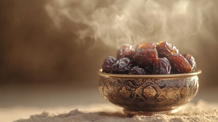 Steaming dates, bowl, desert, sunlit