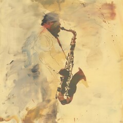 A musician passionately plays the saxophone amidst swirling colors, creating an ambiance of rhythm and harmony. The artwork captures the essence of jazz music in a creative way