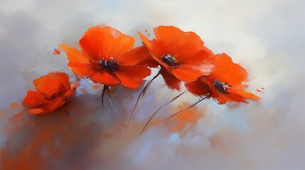 Vibrant orange poppies bloom softly painted against a muted gray background. AI Generated