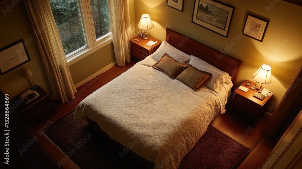 Poster an overhead view of a neatly arranged bedroom with a neatly made bed, stylish nightstands, and a win