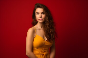 Naklejka premium Beautiful Woman with Long Wavy Brown Hair Wearing a Stylish Yellow Dress