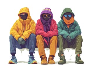 Three people sitting on a bench in a relaxed pose against a bright white background ideal for lifestyle illustrations