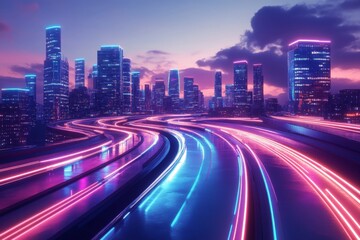 Fototapeta premium Nighttime cityscape illuminated by vibrant neon lights along a busy highway with glowing trails