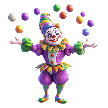 The image depicts a cartoon clown performing juggling with multiple colorful balls.