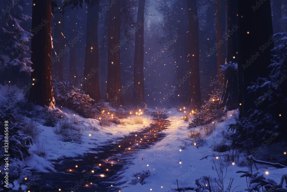 Poster magical winter forest path illuminated by glowing lights at dusk, inviting exploration through snowy