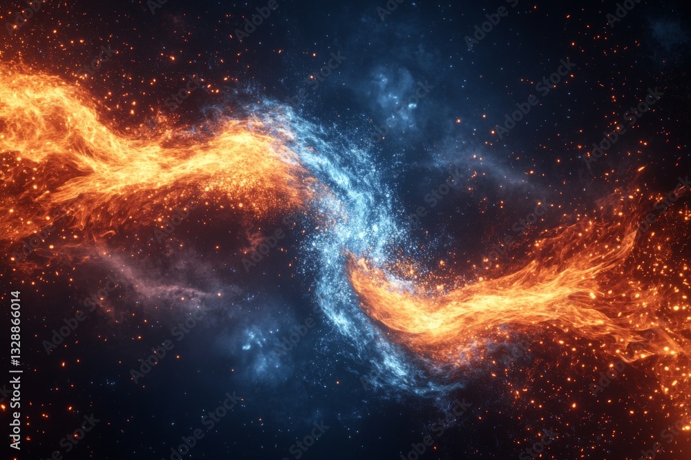 Poster vivid cosmic clash of fire and ice showcasing dynamic energy in a vast universe