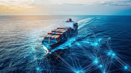 Container ship at sea with digital network overlay art.