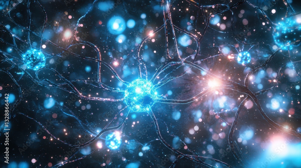 Poster glowing neurons in a colorful abstract neural network visualization