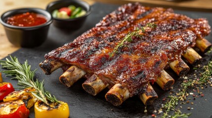 A beautifully plated dish of pork ribs with a spicy rub, served with a side of grilled vegetables and a tangy dipping sauce, set against a modern dining backdrop.