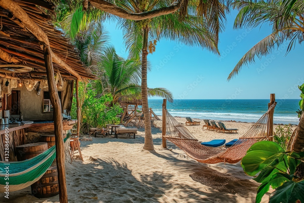 Poster relaxing beachside oasis with hammocks and palm trees overlooking the ocean on a sunny day
