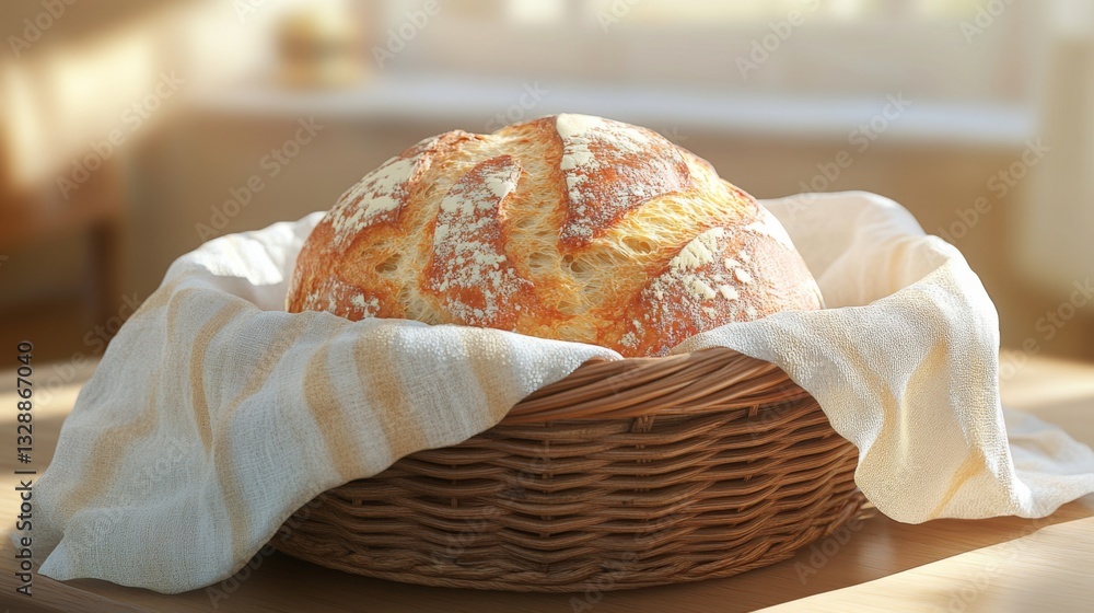 Poster a charming image of a loaf of bread with a crispy crust sitting in a bread basket lined with a linen