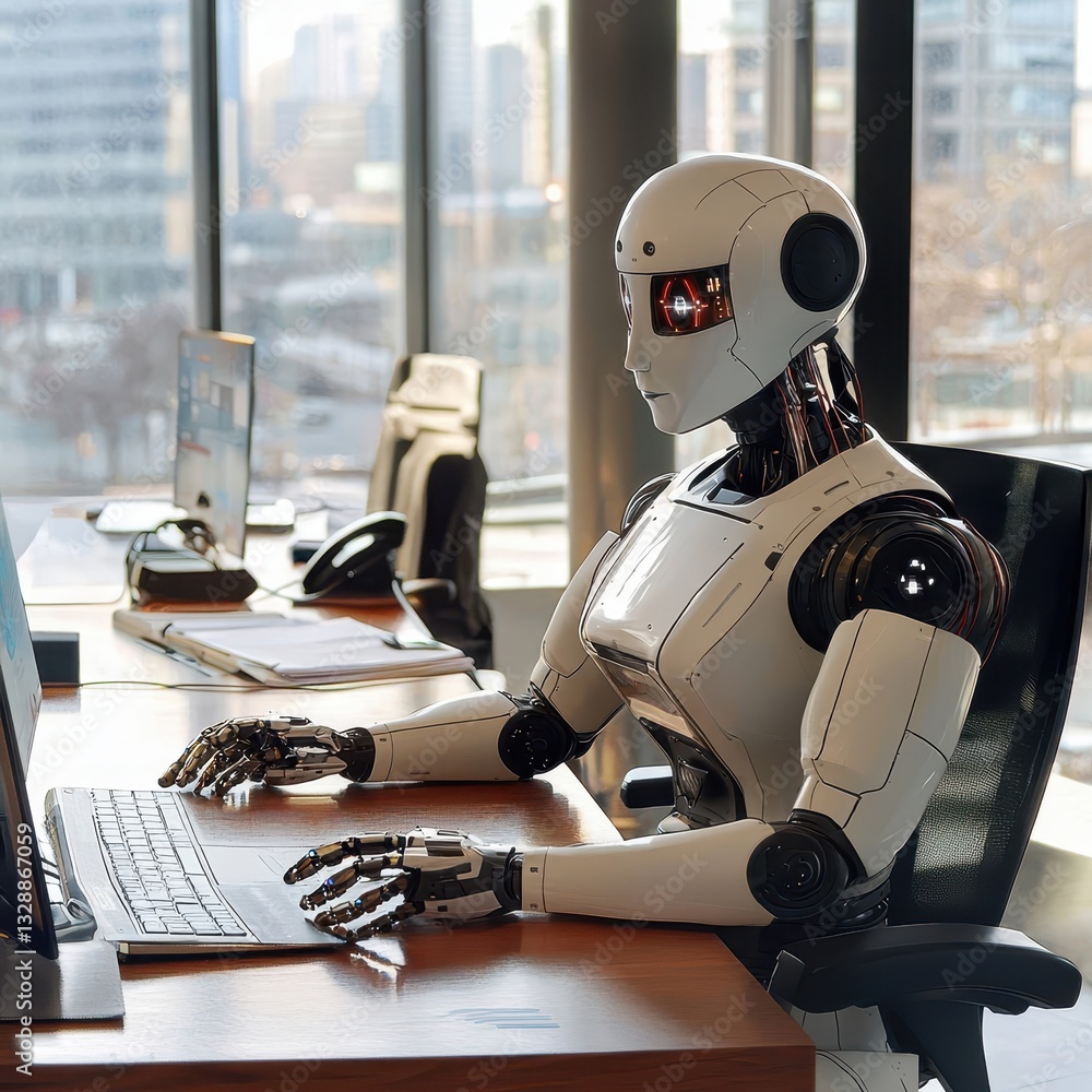 Poster a humanoid robot working at an office desk with computer devices