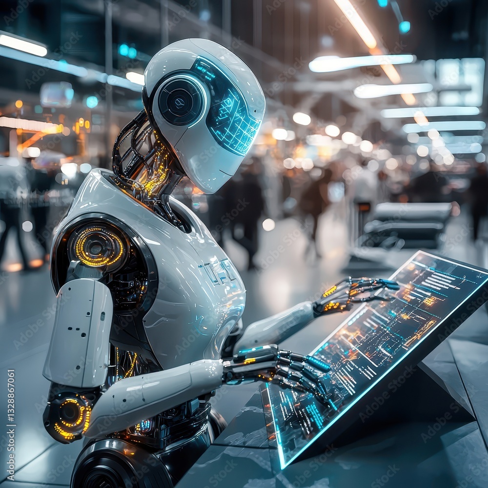 Poster futuristic robot interacting with digital display in modern environment