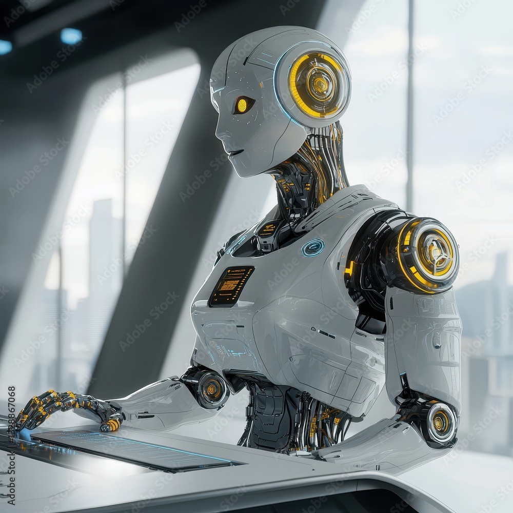 Poster futuristic robot with advanced technology in a modern environment