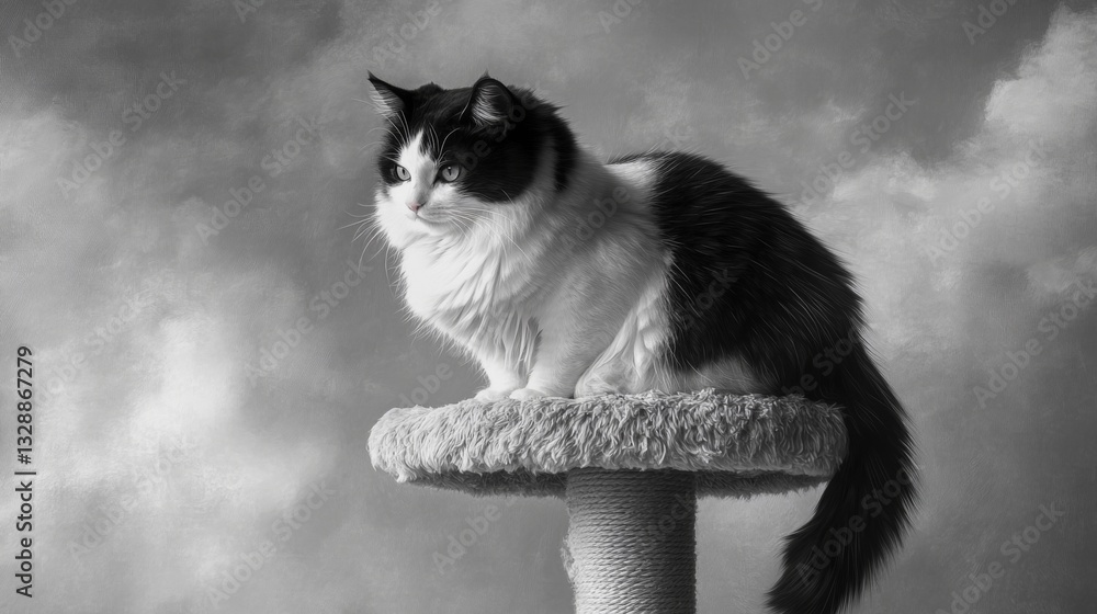 Poster a chubby black-and-white cat perched on top of a cat tree, looking down with a regal expression, its