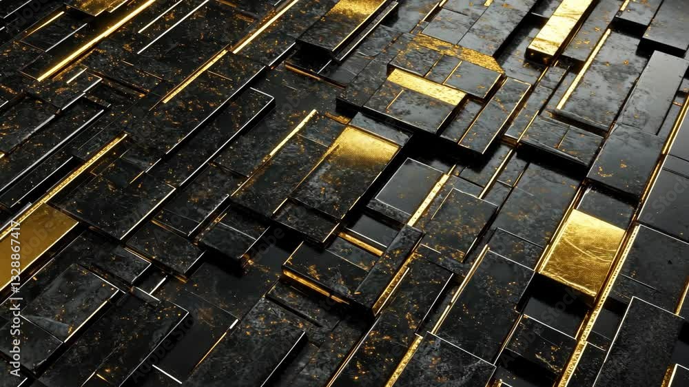 Poster textured black and gold abstract design featuring interlocking geometric shapes and patterns in a mo