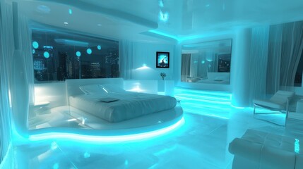 Modern Minimalist Bedroom with Blue Lighting and Urban View