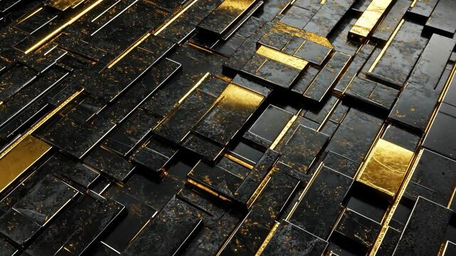 Textured black and gold abstract design featuring interlocking geometric shapes and patterns in a modern aesthetic