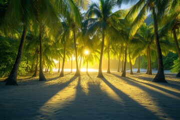 Obraz premium Breathtaking sunrise casts golden light through palm trees on a serene beach