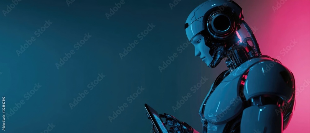 Aufkleber a robot holding a tablet computer, great for technology and innovation themes