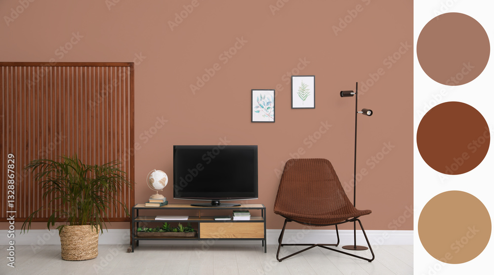 Aufkleber stylish living room with elements in mocha mousse shade. interior design and matching color palette
