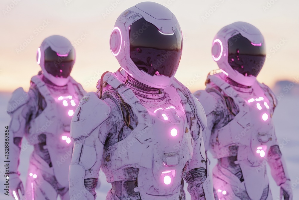 Poster futuristic astronauts with glowing suits exploring a snowy landscape at dusk