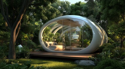 Futuristic green rest station, resembling a high-tech eco-pod, with a transparent or semi-transparent shell, interior filled with exotic plants, self-sustaining with solar power and rainwater collecti