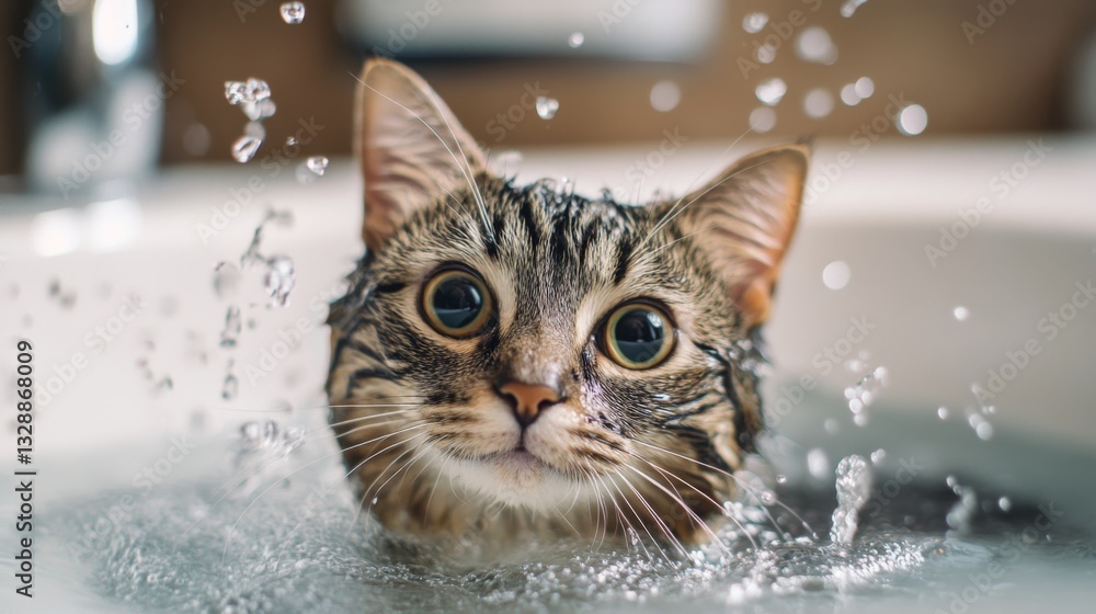 Poster a close-up of a cat sitting in a shallow bath with gentle water splashing around, showing its curiou