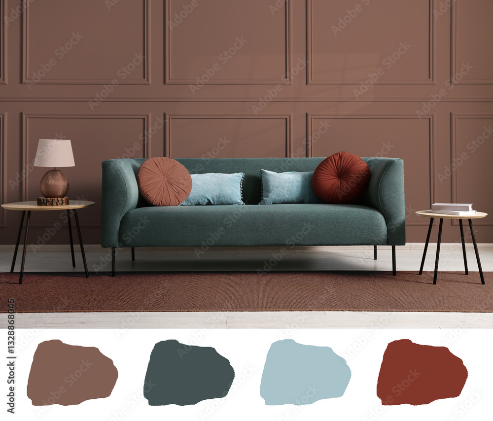 Poster stylish living room with elements in mocha mousse shade. interior design and matching color palette