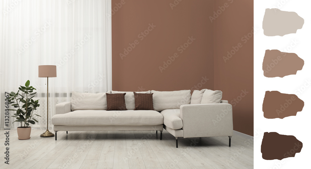 Poster stylish living room with elements in mocha mousse shade. interior design and matching color palette