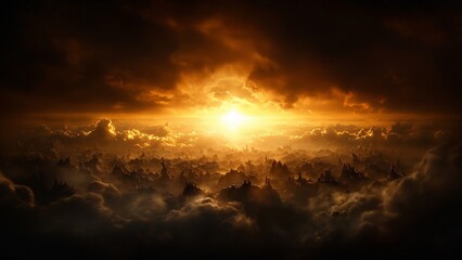 Naklejka premium Majestic Alien Skyline with Golden Sunlight and Cloud-Covered Peaks