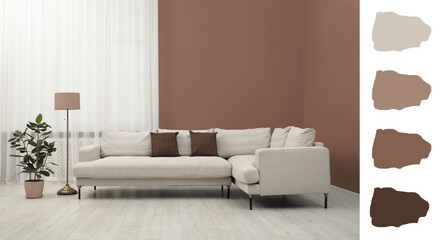 Stylish living room with elements in mocha mousse shade. Interior design and matching color palette