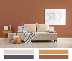Stylish living room with wall in mocha mousse shade. Interior design and matching color palette