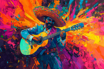 
vibrant Mexican fiesta, colorful papel picado, mariachi band, dynamic sombrero explosion


