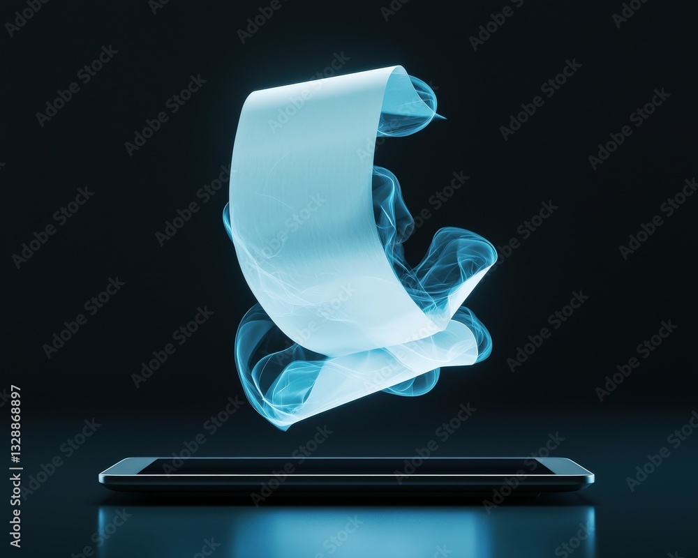 Poster a holographic display of a test paper floating over a digital tablet.