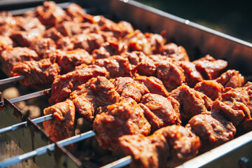 Juicy shashlik on the grill: aromatic pieces of meat on skewers, browned on hot coals