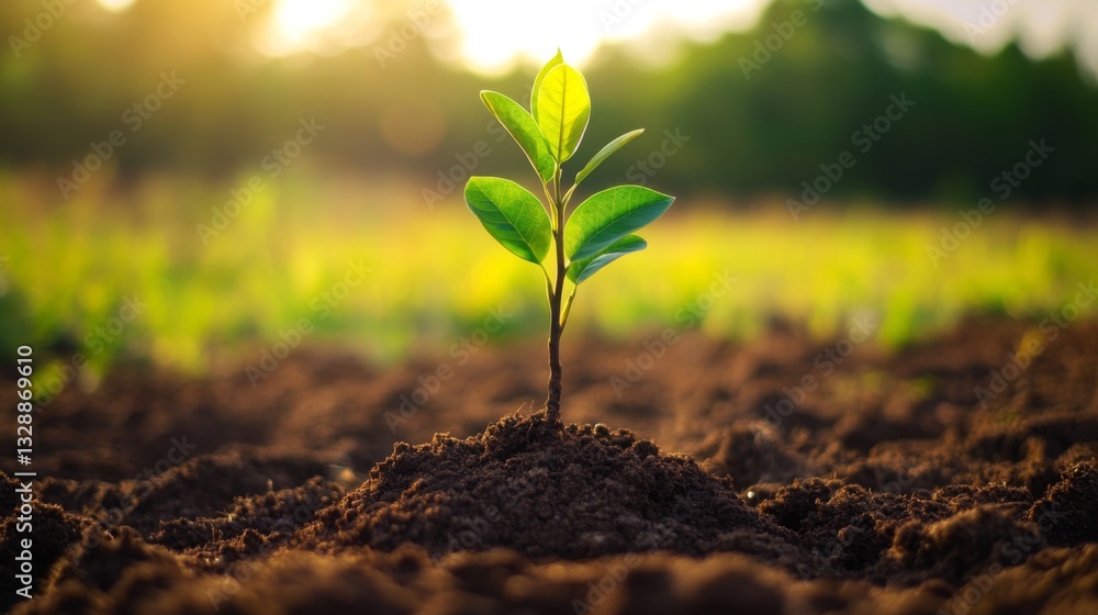 Poster a close-up of a small tree being planted in a rural field, with the roots being covered with soil, e