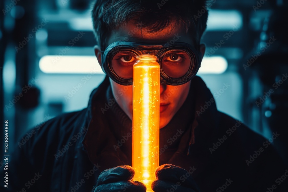 Poster young scientist experiments with glowing liquid in a laboratory at night while wearing protective go