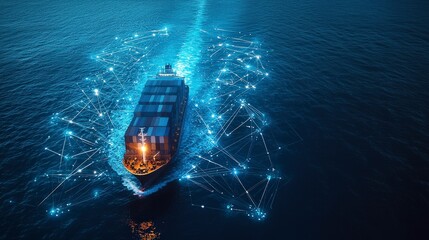 Freight ship journeys through ocean with tech visuals