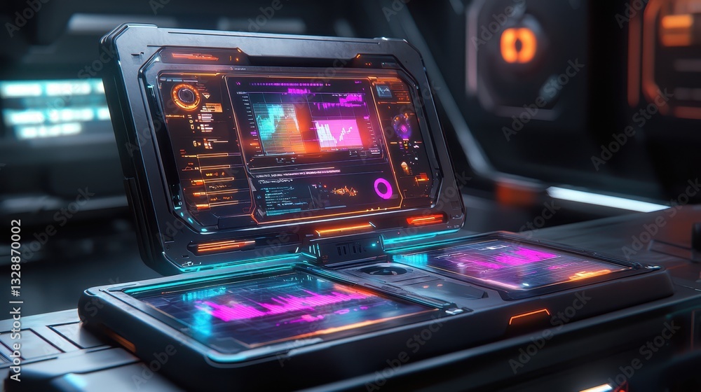 Poster futuristic dashboard with data visualization in a sci-fi setting