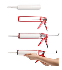 Caulking gun and tube on white background, closeup. Collage