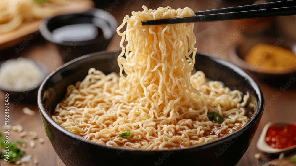 Poster a close-up of instant noodles being lifted from a bowl with chopsticks, with a background of a neatl