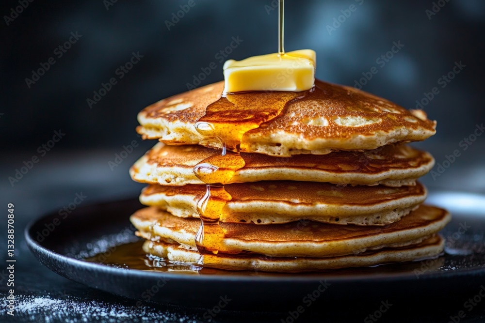 Aufkleber Stack of fluffy pancakes drizzled with syrup and topped with butter served on a dark plate