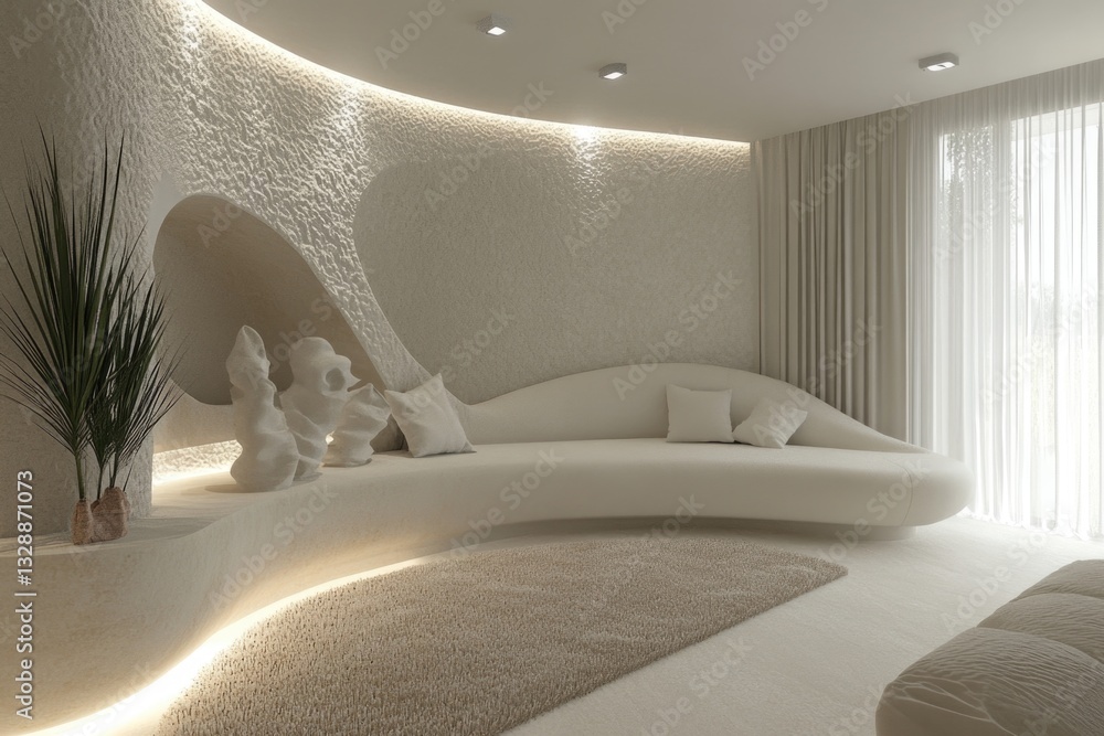 Poster a comfortable living room with a curved sofa and a large window letting in natural light, suitable f