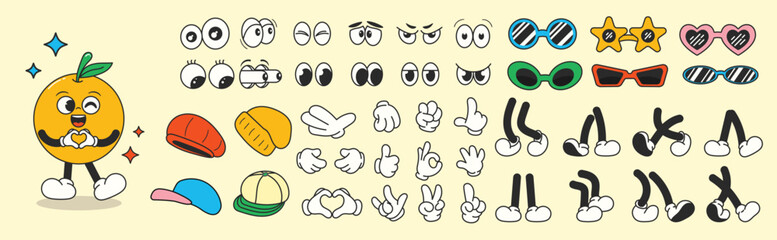 Set of 70s groovy comic vector. Collection of cartoon character faces in different emotions, hand, glove, glasses, hat, shoes. Cute retro groovy hippie illustration for decorative, sticker.