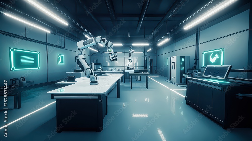 Poster modern robotics laboratory with advanced machines and technology
